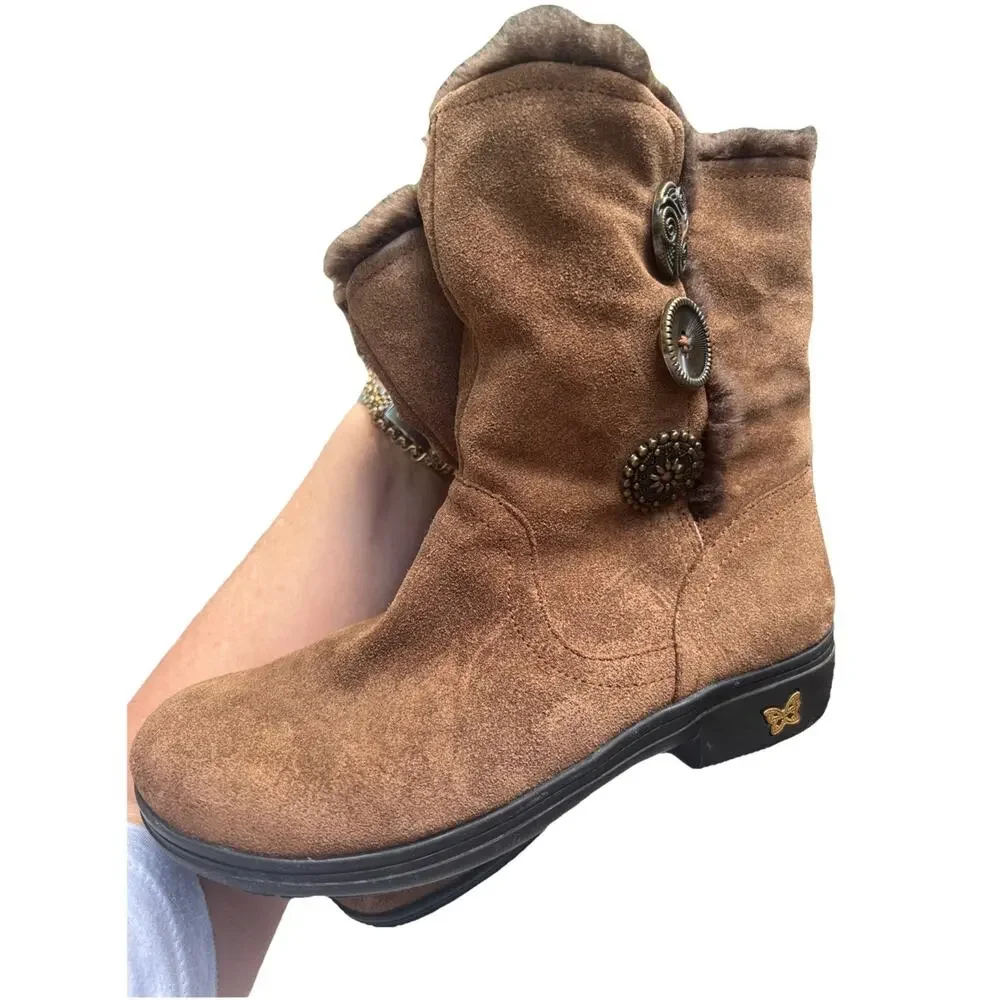 Alegria Nanook Boots Brown Leather Faux Fur Lined Suede Women's Button 37